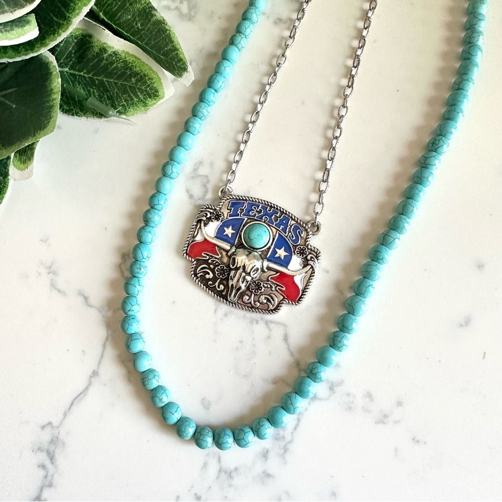Texas Flag Bull Skull Silver Tone Necklace Faux Turquoise Strand Jewelry NEW